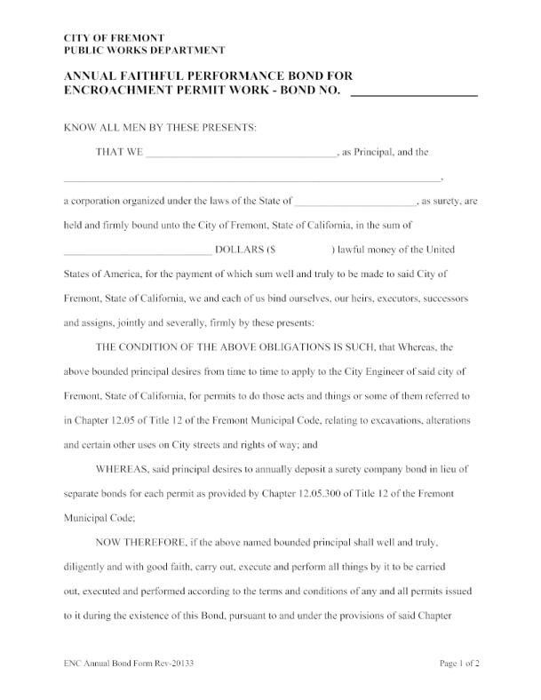 City of Fremont Encroachment Permit Annual Performance Bond Form