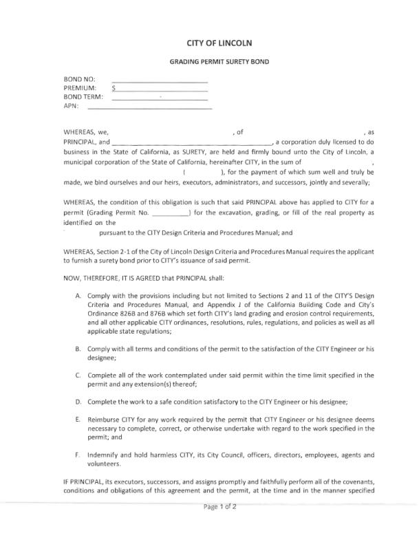 City of Lincoln Encroachment Permit Bond Form