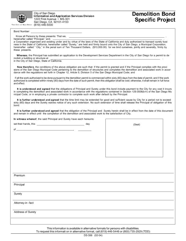 City of San Diego Demolition Permit Bond Form