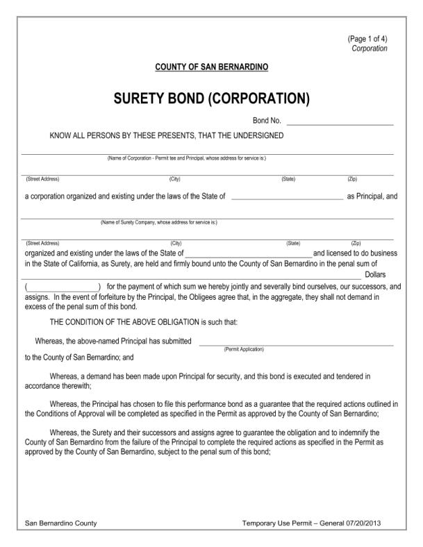 County of San Bernardino Temporary Use Permit Bond Form