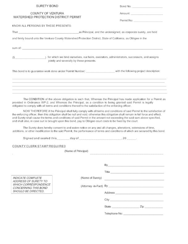 County of Ventura Watershed Protection Encroachment Permit Bond Form